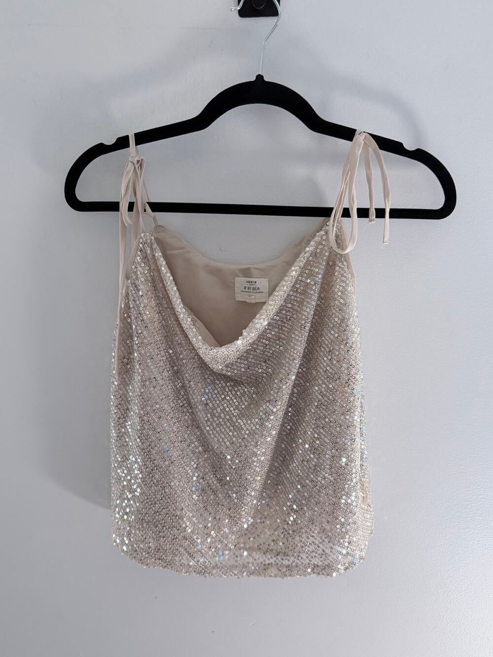 Anthropologie If By Sea Sequin Cowl Neck Tie Strap Silver Tank Top-Size L